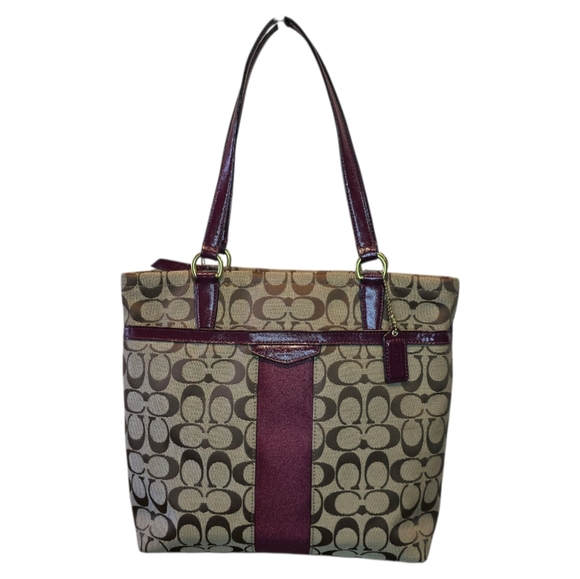 Coach Khaki Signature Burgundy Stripe Tote Shoulder Bag - Picture 1 of 10